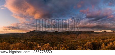 Autumn Landscape At Sunset - Mountains, Forest And Clouds Illuminated By The Setting Sun, Hills Of B