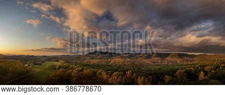 Autumn Landscape At Sunset - Mountains, Forest And Clouds Illuminated By The Setting Sun, Hills Of B