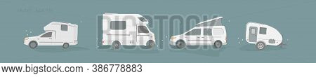 Vector Background Banner With Rv Camping Trailers, Travel Mobile Home, Caravan.