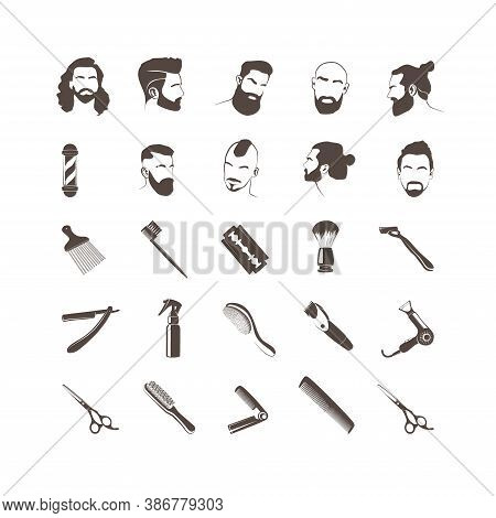 Set Of Vector Elements For The Design Of The Barber Shop. Silhouettes Of Bearded Men And Barber Tool