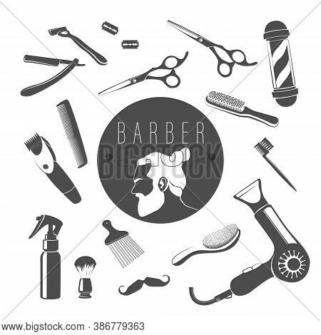 Set Of Vector Elements For The Design Of The Barber Shop. Silhouettes Of Bearded Men And Barber Tool