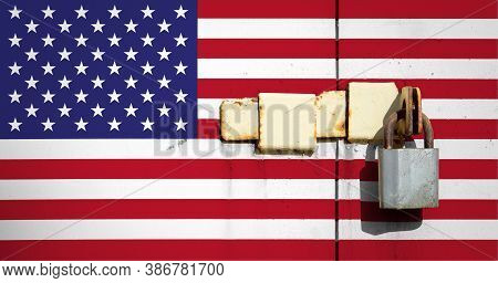 The U.s. Flag Is In Texture. Template. Coronavirus Pandemic. Countries Are Closed. Locks.