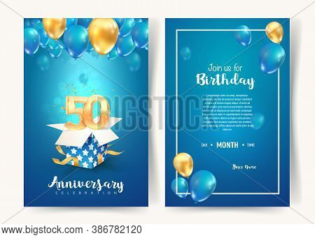 Celebration Of 50 Th Years Birthday Vector Invitation Card. Fifty Years Anniversary Celebration Broc