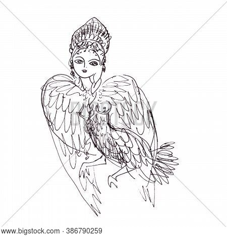 Fantastic Creation Bird With Virgin Head. Mythological Bird With Head Of Woman, Graphic Linear Drawi