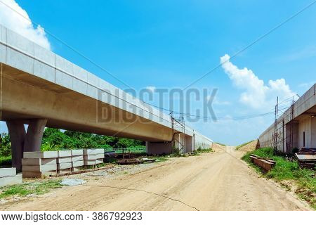 Unfinished Of Construction Of The Large Concrete Bridge Of The Motorway Elevation For The Developmen