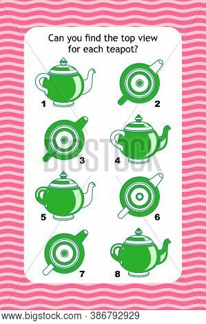 Abstract Educational Visual Puzzle With Top View Of Teapots. Spacial Reasoning Skills Training.