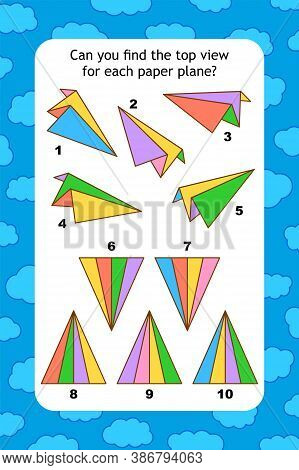 Abstract Educational Visual Puzzle With Top View Of Paper Planes. Spacial Reasoning Skills Training.
