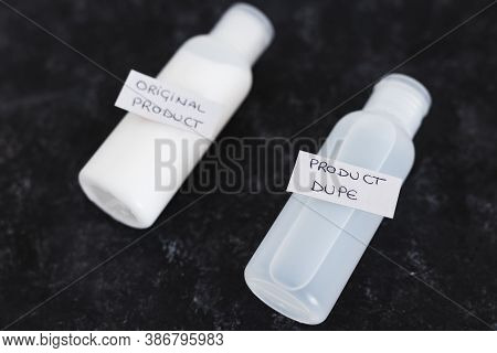Imitations And Unfair Competition, Couple Of Body Lotion Bottles With Original Vs Dupe Product Label