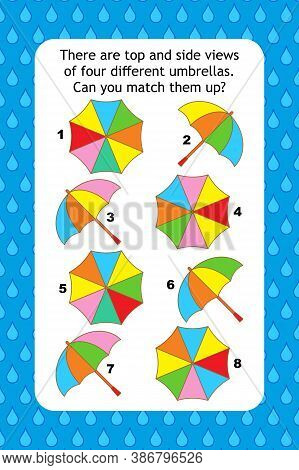 Abstract Educational Visual Puzzle With Top And Side Views Of Umbrellas. Spacial Reasoning Skills Tr