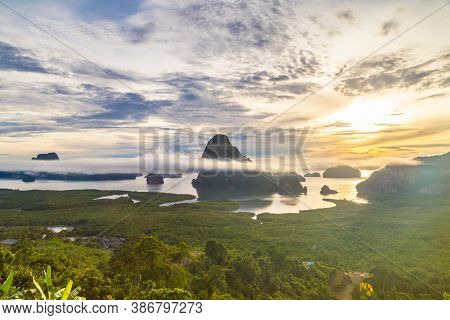 Samet Nangshe Viewpoint At Sunrise In Phang Nga, Thailand.