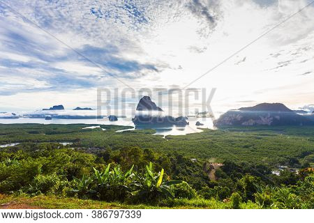 Samet Nangshe Viewpoint At Sunrise In Phang Nga, Thailand.