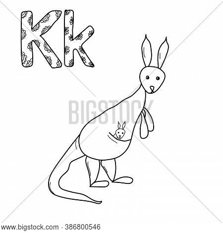 Coloring Page For Study Letter K, Outline Illustration  Of Kengaroo And Volumetric Letters With Patt