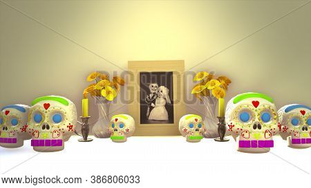 A Traditional Day Of The Dead, Mexican Ofrenda With A Picture Of Skulls 3d Illustration On A White T