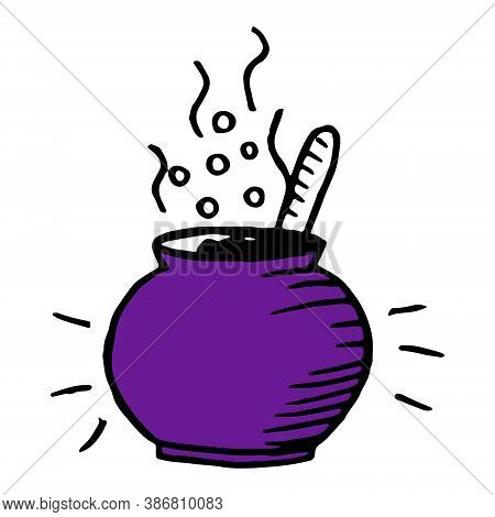 Purple Cauldron With Potion, Vector Illustration For Halloween In Doodle Style