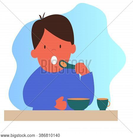 Cute Vector Illustration. The Boy Is Sitting At The Table And Eating Soup From A Plate. The Child Ea