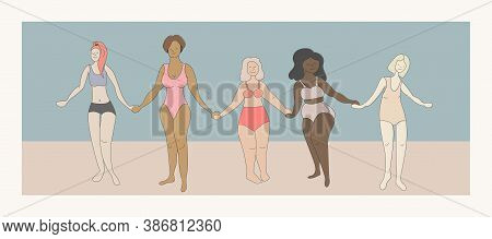Women With Different Types Of Figures, Different Nationalities And Different Hair Colors In Swimsuit