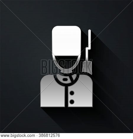 Silver British Guardsman With Bearskin Hat Marching Icon Isolated On Black Background. Long Shadow S