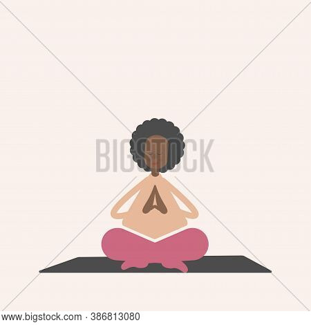 A Cute Fat Black Woman Practices Yoga. In The Lotus Position On The Rug. Body Positive, Love Your Bo
