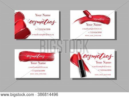Make-up Artist Business Card. Vector Template With A Drawing Of Makeup Elements-lipstick Smears. Fas