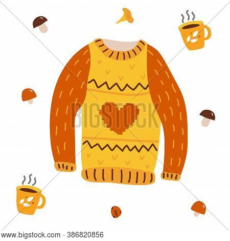 Hand Drawn Cartoon Cozy Sweater With Patterns. There Is A Red Heart In The Midlle Of Sweater. Some M