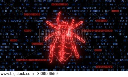 Dangerous Bright Red Low Poly Spider Over Binary Code Background - Stylized Hacker Attack In Matrix 