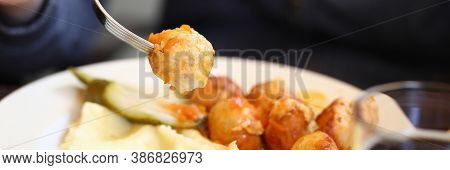 Lunch Of Meatballs And Mashed Potatoes On A Plate Closeup. Menu For Cafes And Restaurants Concept