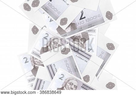 2 Estonian Kroon Bills Flying Down Isolated On White. Many Banknotes Falling With White Copyspace On
