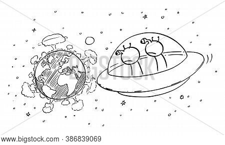 Vector Cartoon Stick Figure Drawing Conceptual Illustration Of Two Funny Aliens In Ufo Or Flying Sau