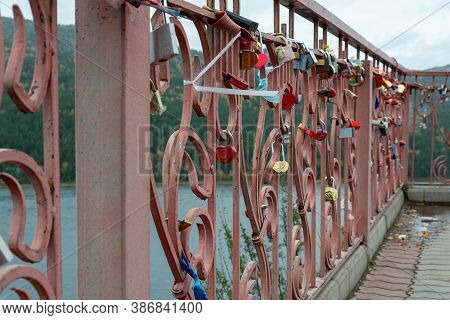 Russia, The City Of Krasnoyarsk, An Observation Deck Tsar Fish. 09/26/2017. A Metal Fence Is Hung Wi