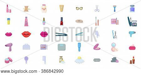 Beauty Flat Icon Set With Make Up Brush Lipstick Perfume