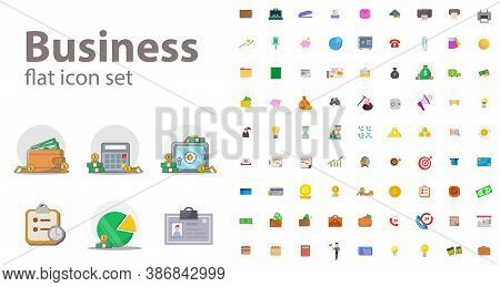 Business Finances Flat Icon Set With Money, Bank, Chart. Office