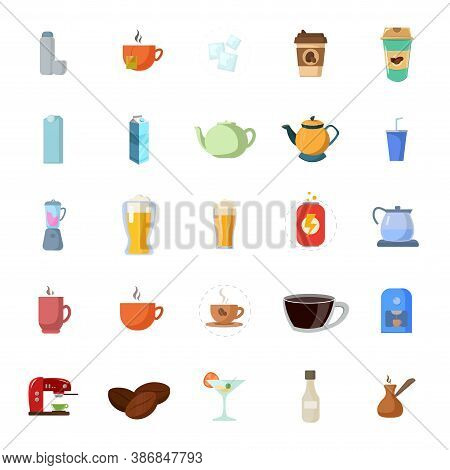 Drinks Flat Icon Set, With Beer, Coffee, Milk Box, Soda, Energy Drink, Cup Of Coffee, Kettle, Tea