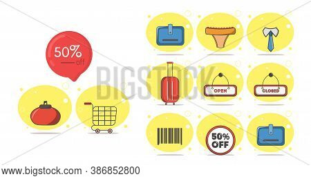 Shopping Flat Icon Set With, 50% Discounts.shopping Card, Wallet, Purse, Closed, Open