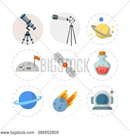 Space Flat Icon Set With Telescope, Satellite, Planet, Meteorite, Astronaut Helmet