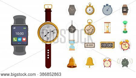 Clock Flat Icon Set With Watch, Smart Watch, Sandglass, Electronic Clock, Alarm Clock