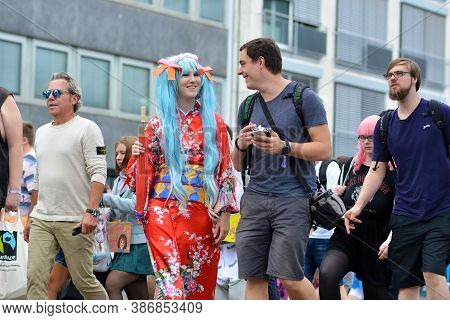 Mannheim, Germany - August 2019: Young Woman Dressed Up With 'hatsune Miku' Cosplay From Software Vo