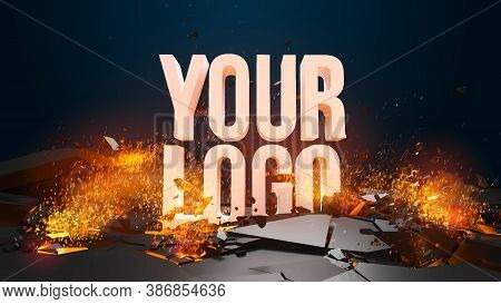 Explosion And Flying Debris, Fire And Sparks. Template For Your Logo Or Text. All Basic Elements Are