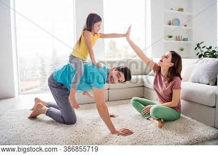 Yeah You Ride Horse. Fun Three People Play Game Little Kid Girl Sit Piggyback Dad Clap Hand High Fiv