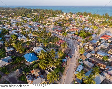 Aerial View On Township Poor Houses Favelas In Paje Village, Zanzibar, Tanzania, Africa