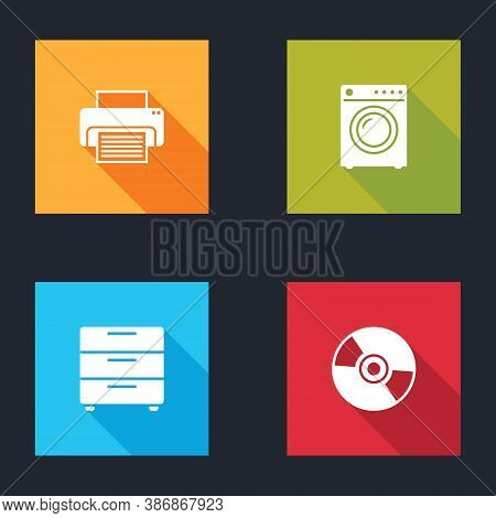 Set Printer, Washer, Furniture Nightstand And Cd Or Dvd Disk Icon. Vector