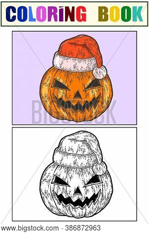 Halloween, Pumpkin Face In Santa Claus Hat. Sketch Set Of Coloring Book And Color For Example.