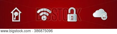 Set Retro Wall Watch, Wifi Locked, Open Padlock And Cloud Computing Icon. Vector