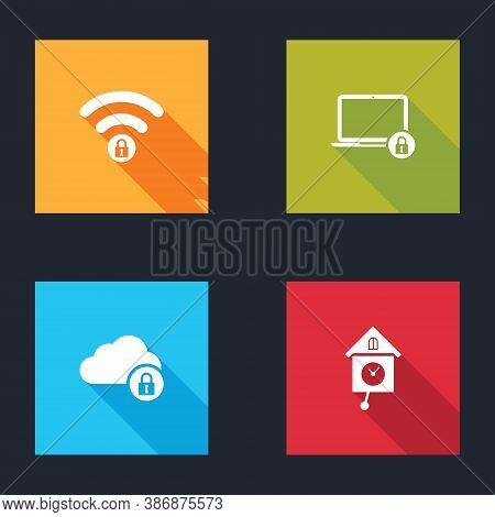 Set Wifi Locked, Laptop And, Cloud Computing And Retro Wall Watch Icon. Vector