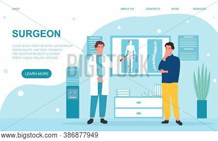 Young Man At Surgeons Reception. Doctor Consulting The Patient And Showing Him His X-ray Or Tomograp