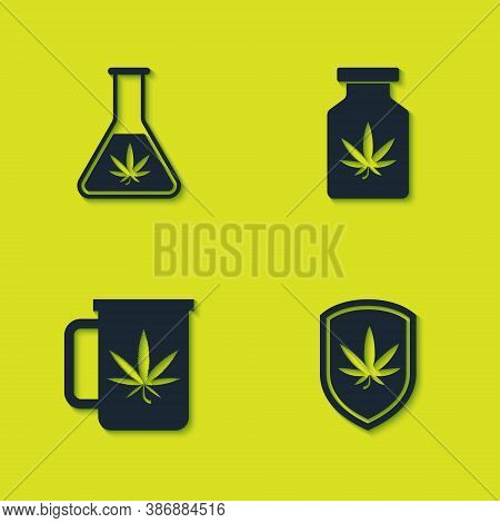 Set Test Tube With Marijuana, Shield And, Cup Tea And Medical Bottle Icon. Vector