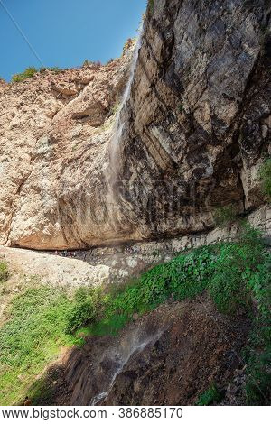 Guba, Azerbaijan, September 13, 2020.  People Tourists On Afurja Waterfall
