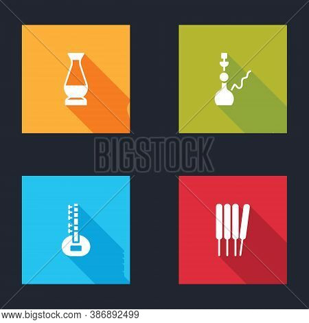 Set Indian Vase, Hookah, Sitar And Aroma Sticks, Incense Icon. Vector