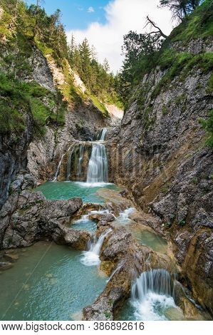 Stuibenfälle Waterfalls Of Austria, Long Exposure, Cloudy Summer Day