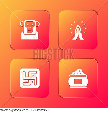 Set Monkey, Hands In Praying Position, Hindu Swastika And Indian Icon. Vector
