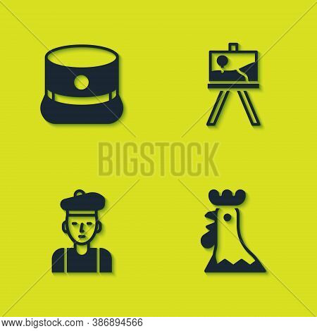 Set Kepi, French Rooster, Man And Easel Or Painting Art Boards Icon. Vector